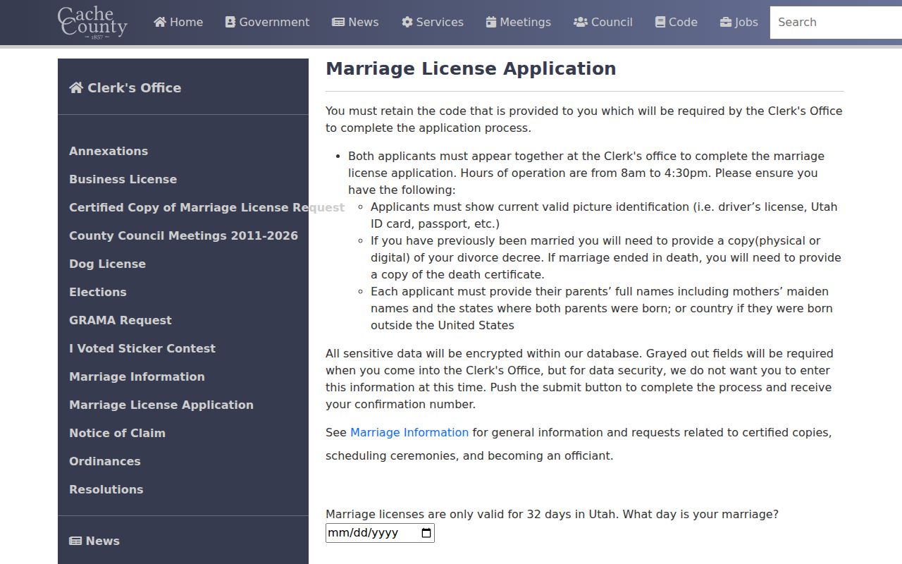 Logan records lookup on the Cache County marriage application