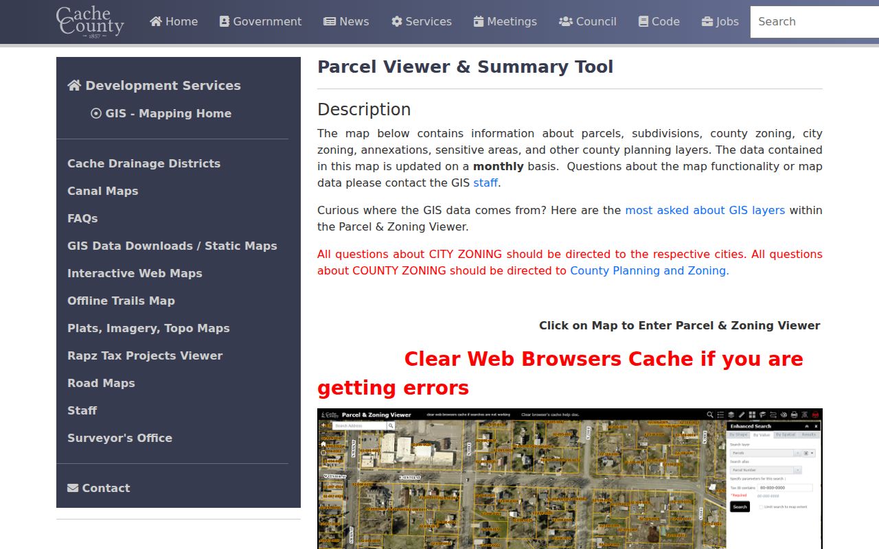 Logan records search with the Cache County parcel and zoning viewer